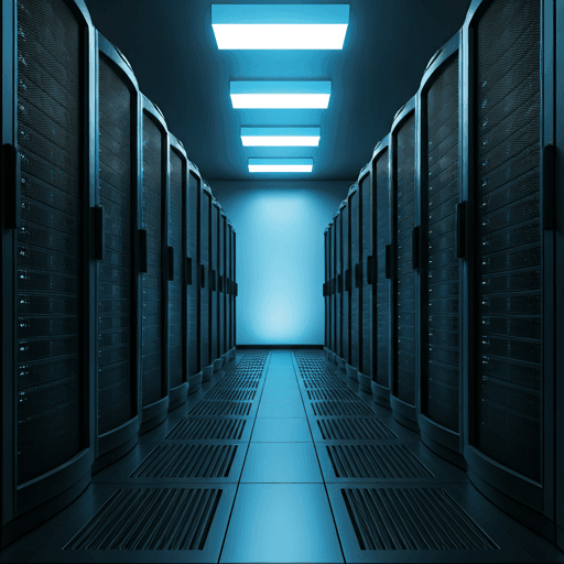 Modern server room with glowing blue light, minimalist rack design