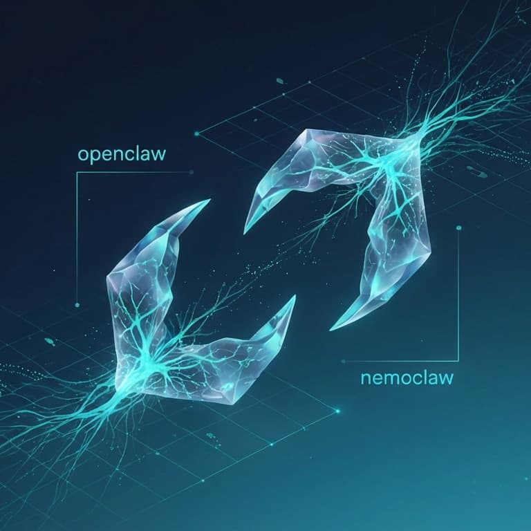 OpenClaw and NemoClaw — stylized crystalline forms with glowing cyan neural networks on a dark teal grid